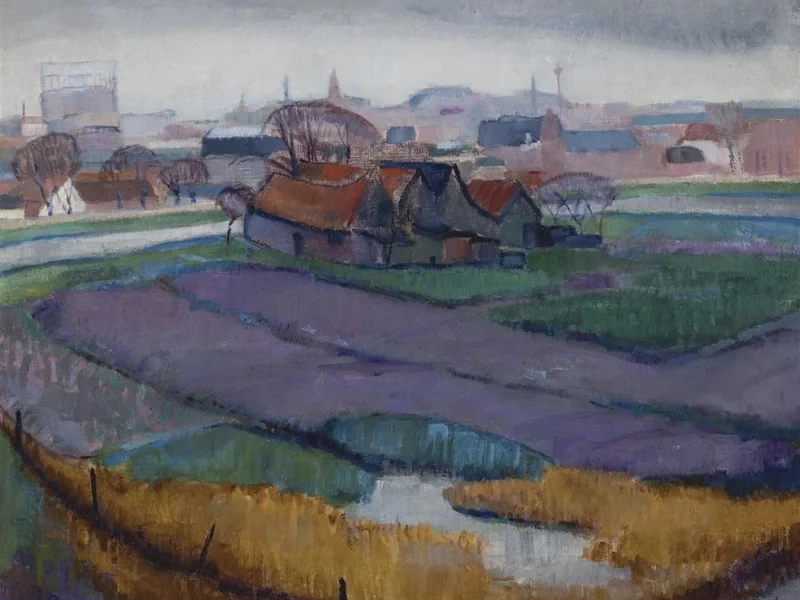 1889-Johannes Gerardus Diederik van Hell - Veduta di una fattoria con la Westergasfabriek di Amsterdam sullo sfond